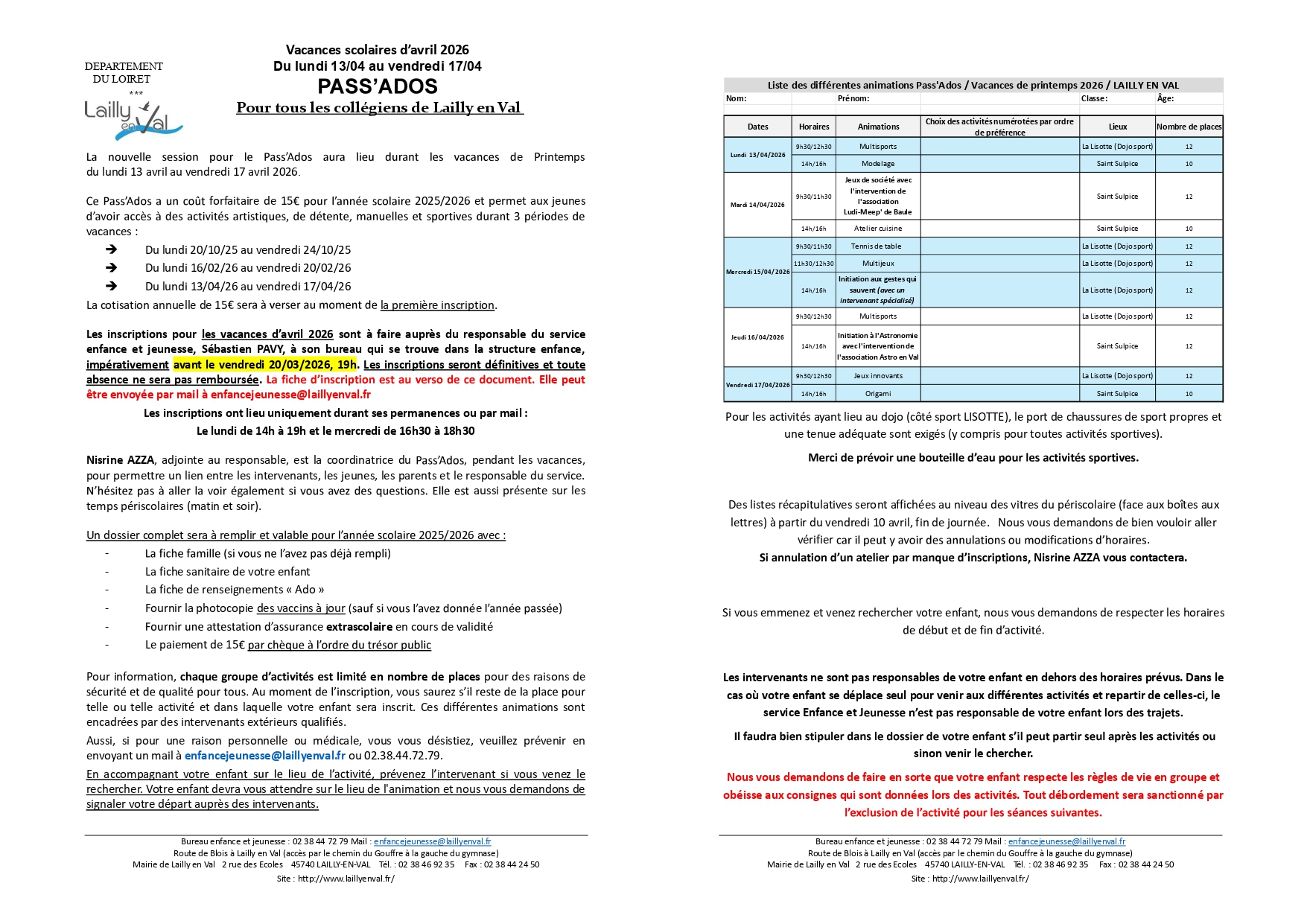 Pass Ado courrier parents printemps 2026